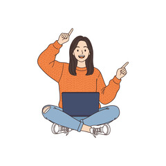 Smiling person sitting cross-legged with laptop pointing upward vector illustration for learning discovery or digital creativity in clean cartoon style