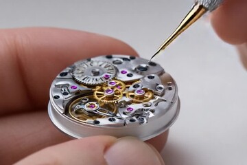 Precision Time: A close-up of a watchmaker's skilled hands meticulously assembling a complex timepiece, showcasing the art of precision craftsmanship and intricate mechanical detail.