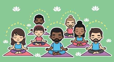 Group of diverse people meditating together in yoga class, finding inner peace and balance in a serene and calming environment.
