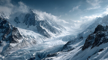 Obraz premium Panoramic Arctic Landscape: Snowy Mountains and Glacier under a Bright Blue Sky