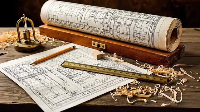Vintage blueprints for architecture and construction with drafting tools and wood shavings on a rustic workbench