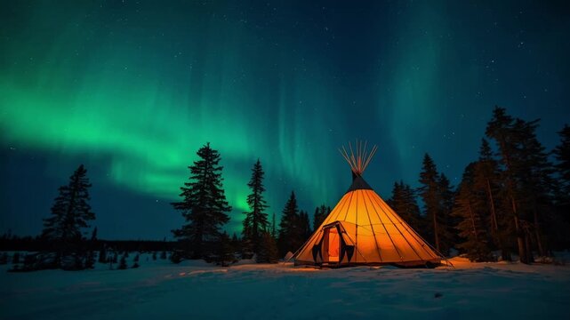 A stunning night scene featuring a traditional tipi tent warmly lit amidst a snowy forest, with the green Aurora Borealis sparkling in the starry sky.