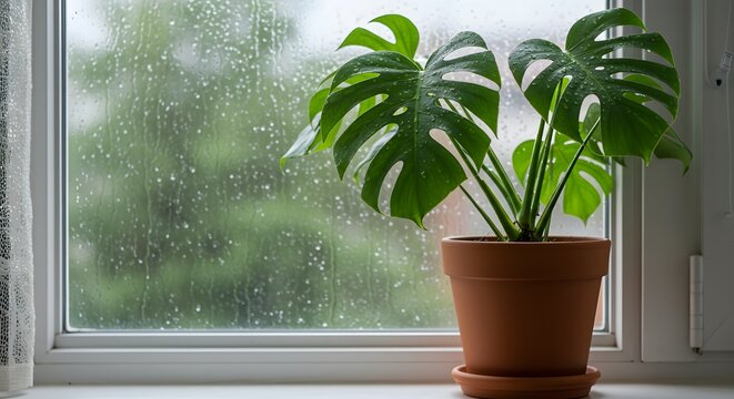 Monstera Plant by Rainy Window with Water Droplets on Glass - Powered by Adobe