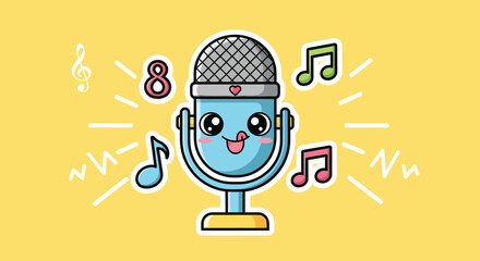 Cute microphone sings with musical notes on a yellow stage, creating a cheerful and lively atmosphere for entertainment.