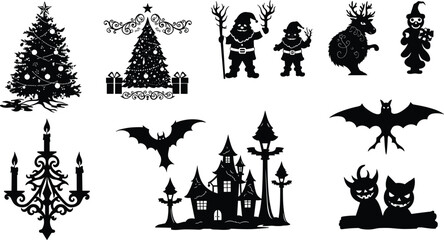 Spooky Halloween and Christmas silhouette set, haunted house, gothic tree, bats, creepy santa, reindeer, dark festive horror vector illustration