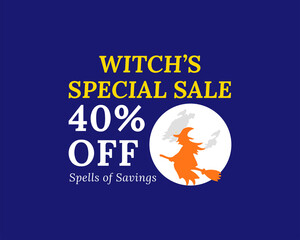 Halloween Sale Poster with Flying Witch Illustration