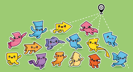 Colorful cartoon arrows pointing towards a destination marker on a green surface, suggesting direction and guidance with a playful and whimsical tone.