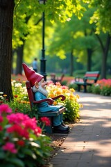 Charming Summer Park Scene Vibrant Flowerbeds, Playful Gnomes, and Bright Benches