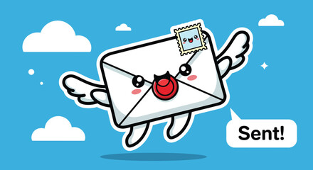Cartoon envelope flies through the sky with wings, delivering a message of being sent, creating a whimsical and cheerful feeling.