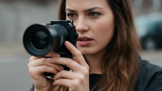 Young woman photographer holding camera outdoors realistic video