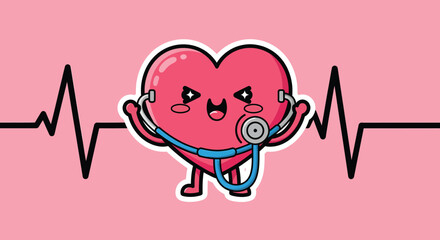 Cartoon heart character holding stethoscope examines heartbeat line on pink backdrop conveying health and wellness, promoting cardiovascular care and medical checkups.