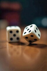 Rolling Dice Motion Blur Close-Up of Two Dice on Wooden Table - Gamble, Chance, Risk, Luck Concept