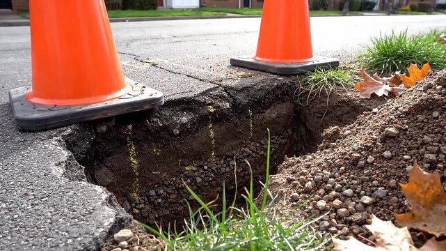 Orange traffic cones mark a significant excavation site on an asphalt road in a residential area, indicating ongoing road work or utility repair. Safety and construction.