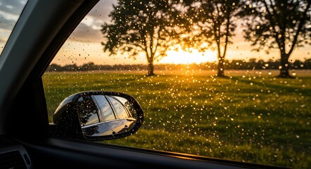 Raindrops on Car Window at Golden Hour Sunset with Rural Landscape