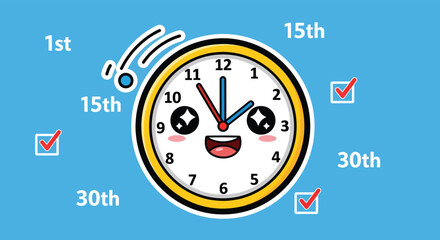 Cute clock character smiling and showing time passing with dates around it on blue backdrop, representing time management and deadlines in a cheerful way.