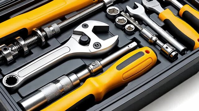 Mechanic tool kit with various metal tools and yellow handles, including wrenches, screwdrivers, and socket sets, ready for repair work