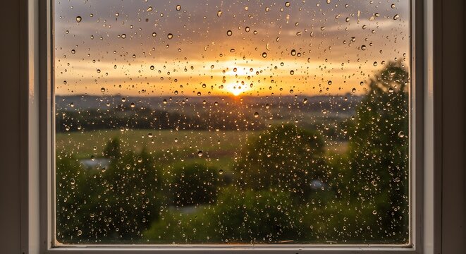 Raindrops on Windowpane at Sunset Over Rural Landscape