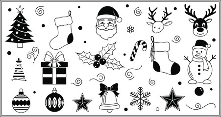 Black and white christmas themed line art illustration with various holiday elements displayed neatly