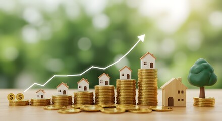 Real Estate Growth Concept: Houses on Stacked Coins with Upward Trend Graph