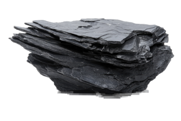 Detailed close-up of a rough piece of layered black slate rock texture mineral specimen