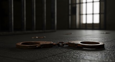 Rusty Handcuffs Lying on Cell Floor with Prison Bars and Window Light