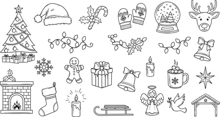A black and white line art illustration of various christmas themed objects and holiday decorations