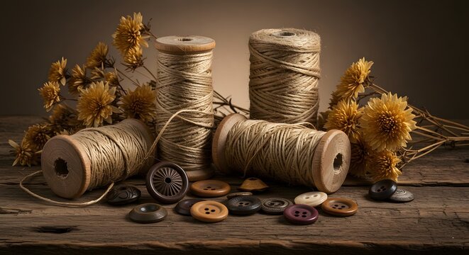Rustic Vintage Spools of Thread and Buttons with Dried Flowers on Wood