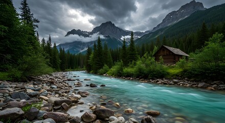 Serene Mountain Cabin by Turquoise River in Dramatic Stormy Landscape