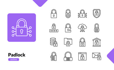 Padlock outline icon set for data security privacy and access