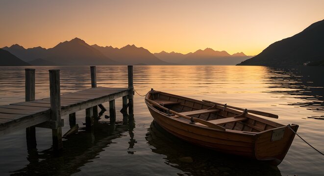Serene Lake Sunset with Wooden Rowboat and Mountain Silhouette