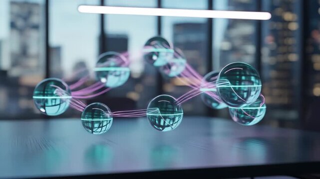 Abstract network of glowing spheres connected by luminous pink and turquoise