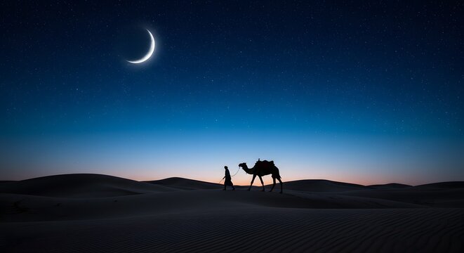 Silhouette of a person walking a camel across desert dunes under a crescent moon and starry sky