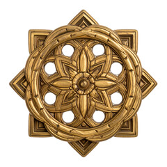 Ornate golden circular medallion with floral and geometric patterns.