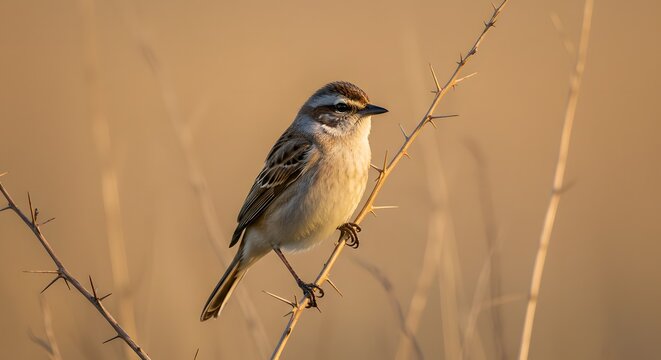 Small bird perched on a thorny branch at sunset, close-up