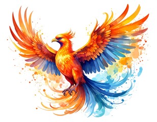 Fototapeta premium A vibrant, stylized bird, wings spread, depicted with fiery, watercolor effects