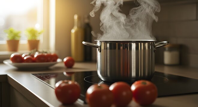 Steaming Pot of Soup with Tomatoes on Kitchen Countertop - Powered by Adobe