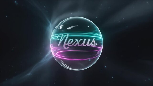 Abstract Sphere With The Word Nexus In Script Font Glowing With Teal And Magenta Light Against A Dark Nebula Background With Streaks Of Light And Stars