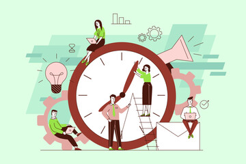 Group of diverse professionals working collaboratively around large clock. Concept of productivity and innovation in modern office environment