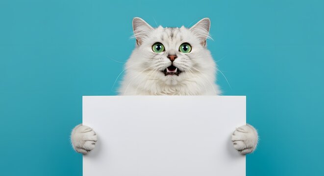 Surprised White Cat Holding Blank White Sign with Green Eyes