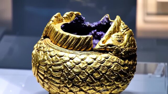 Gold fish-shaped bowl with amethyst interior
