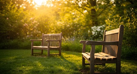 Fototapeta premium Tranquil Garden Bench at Golden Hour Sunset