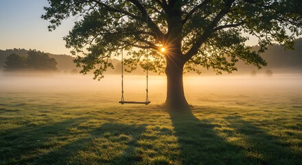 Tranquil Morning Swing Under Ancient Oak Tree with Sun Rays in Foggy Meadow