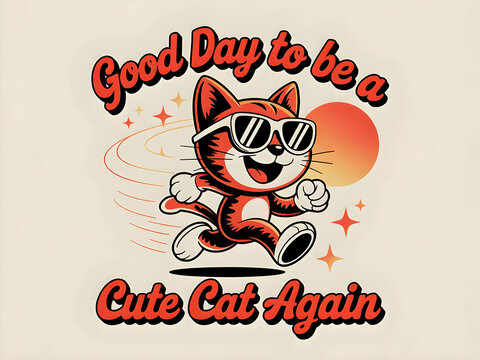 Retro cartoon illustration of a happy cat wearing sunglasses and running with a smile. Positive motivational quote design, perfect for t-shirts, posters, or cheerful vintage-style artwork.