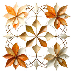 Ornate golden and orange flower shapes form a symmetrical pattern on black.