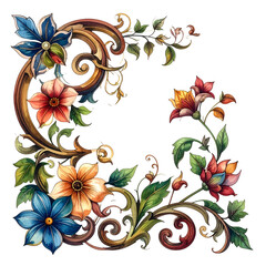 Ornate floral corner embellishment with swirling vines and vibrant blooms.