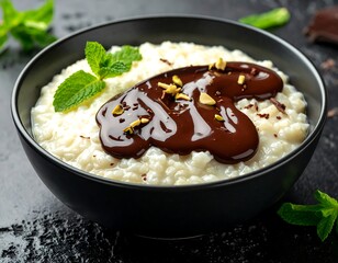 A bowl of creamy rice pudding topped with chocolate and mint leaves
