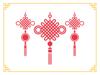 Three red Chinese knots with tassels hang within a yellow border lucky knot