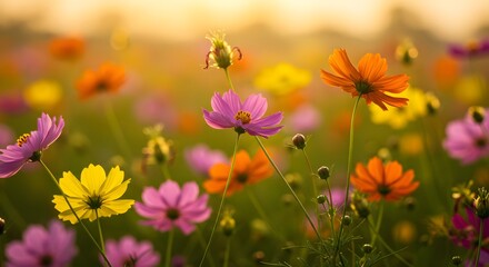 Fototapeta premium Vibrant Cosmos Flowers in Golden Hour Sunlight