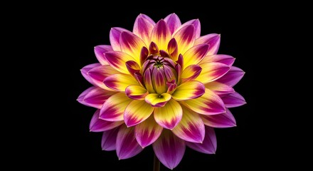 Fototapeta premium Vibrant Dahlia Flower with Pink and Yellow Petals Isolated on Black Background