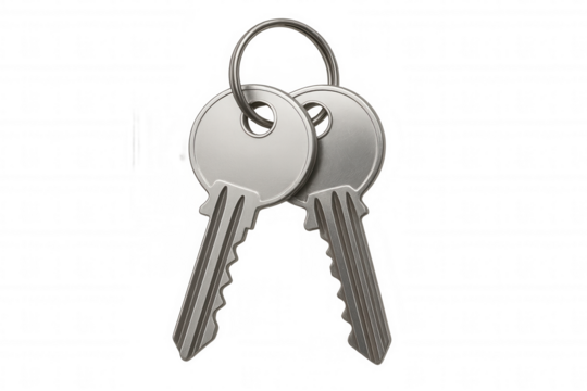 Pair of silver metal keys on a keyring, representing home access, security, and ownership, transparent background